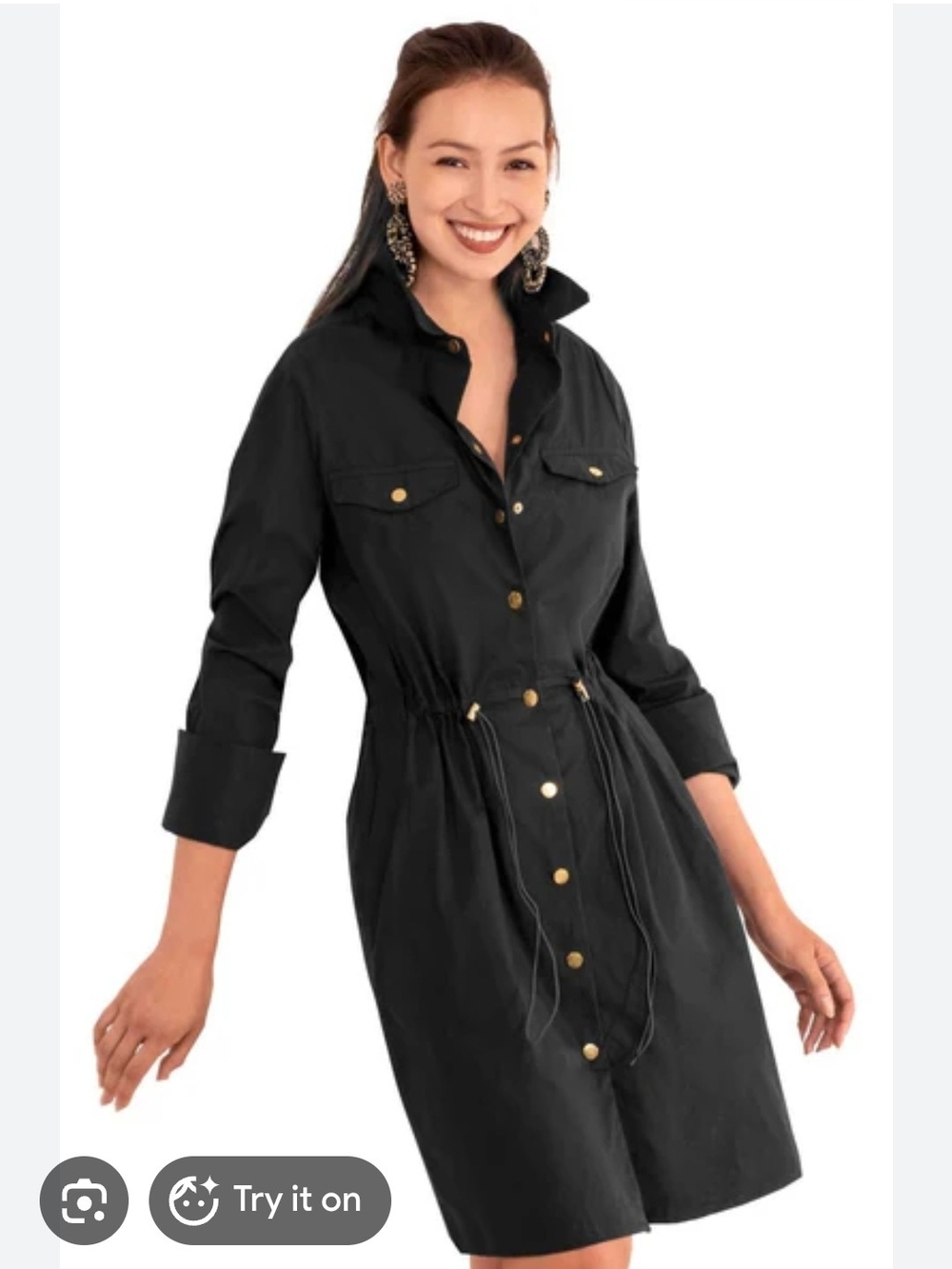 Gretchen Scott Designs Black Button-Front Drawstring Trench Shirt Dress